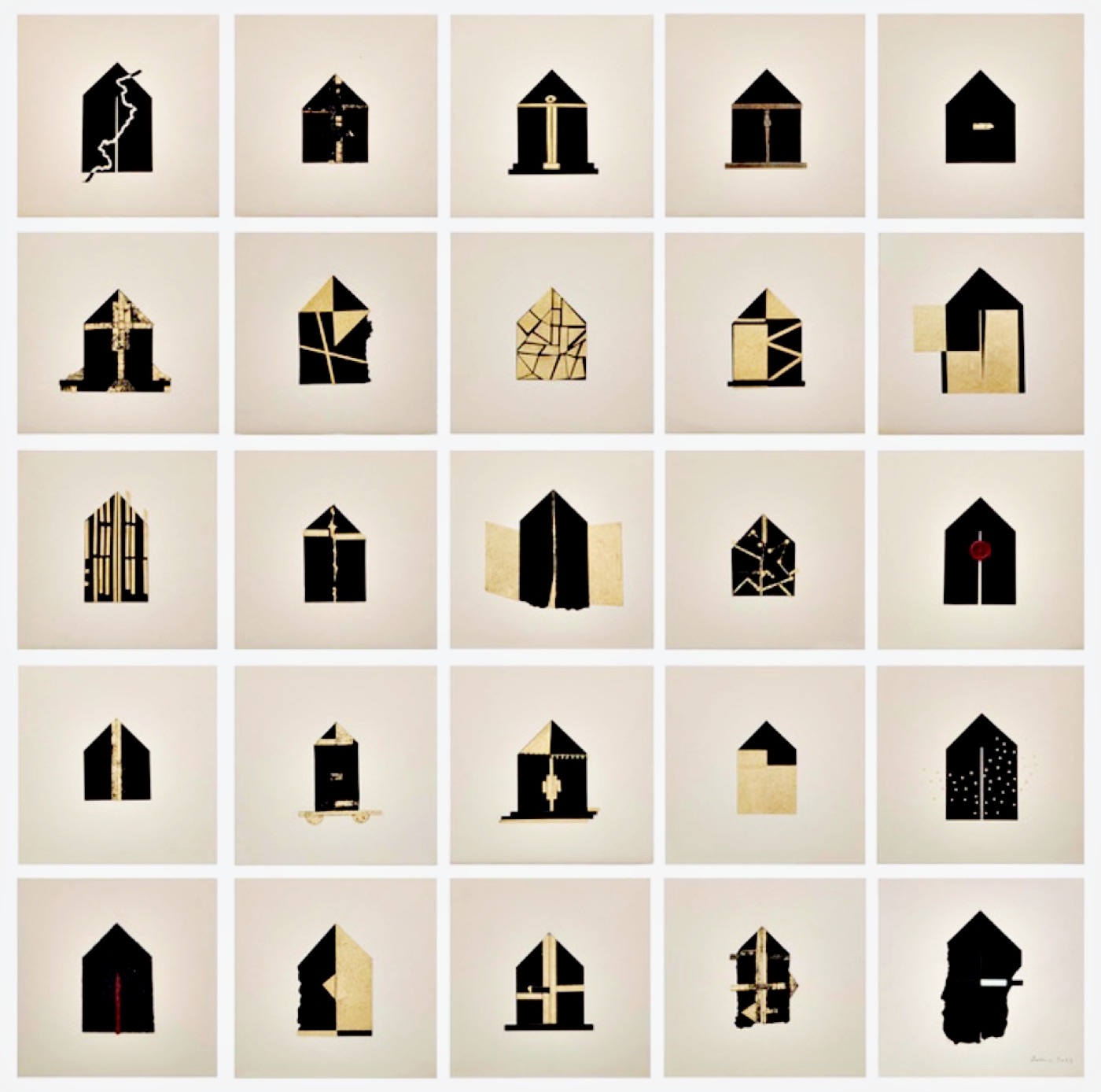 Folding House, a grid of black and gold house forms by Zarina