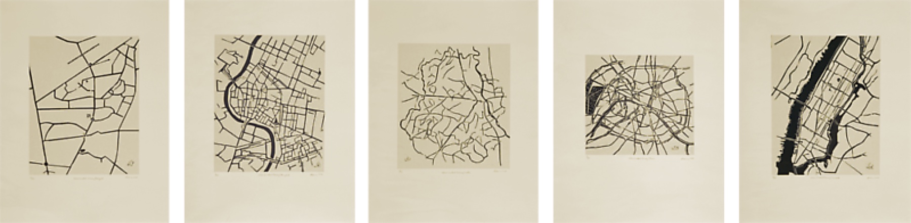 Cities I Called Home, 2010, a sequence of map prints by Zarina